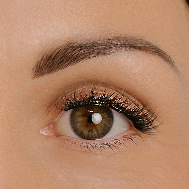 Close-up of a person's eye with brown iris and ROVE lashes.