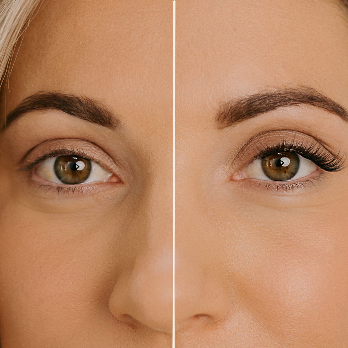 Side-by-side comparison of a woman's eyes with and without cluster lashes on a white background
