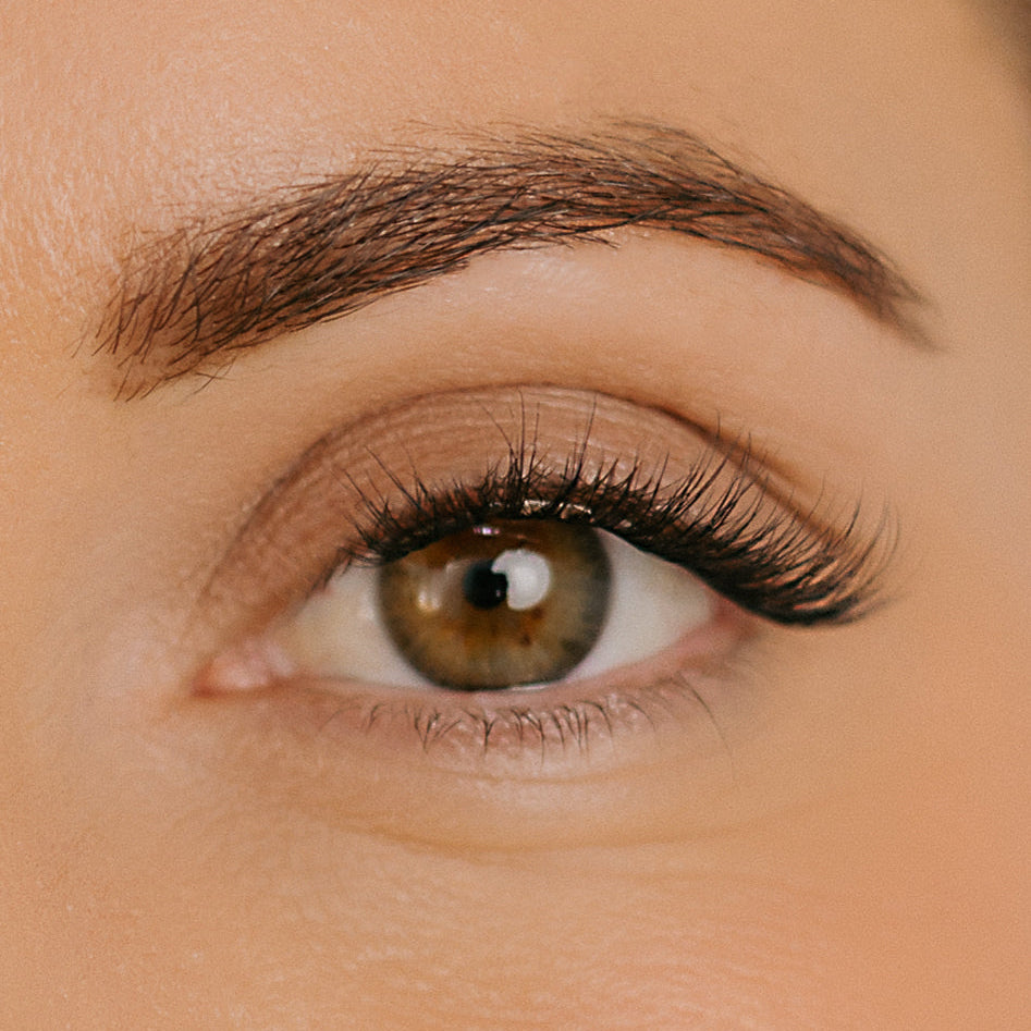 Close-up of a person's eye with cluster eyelashes and eyebrow.